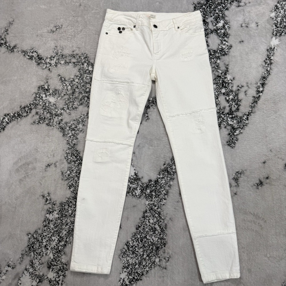 Odd Molly Womens Sz 29 White Distressed Skinny Jeans Patchwork Boho Slim Stretch